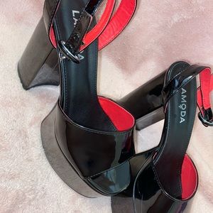 Black patent platform heels